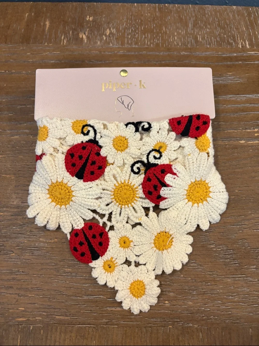Piper Crochet Daisy Hair Scarf with Red Ladybug Appliqués